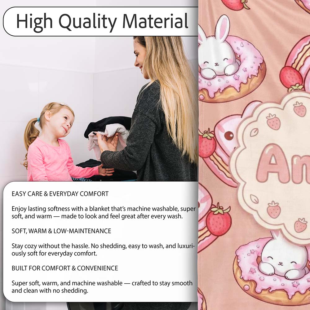 Cute Bunny Donut Dessert Kawaii Peach Background Seamless Pattern Personalised Custom Name Super Soft Fleece Blanket Bed Sofa Throw