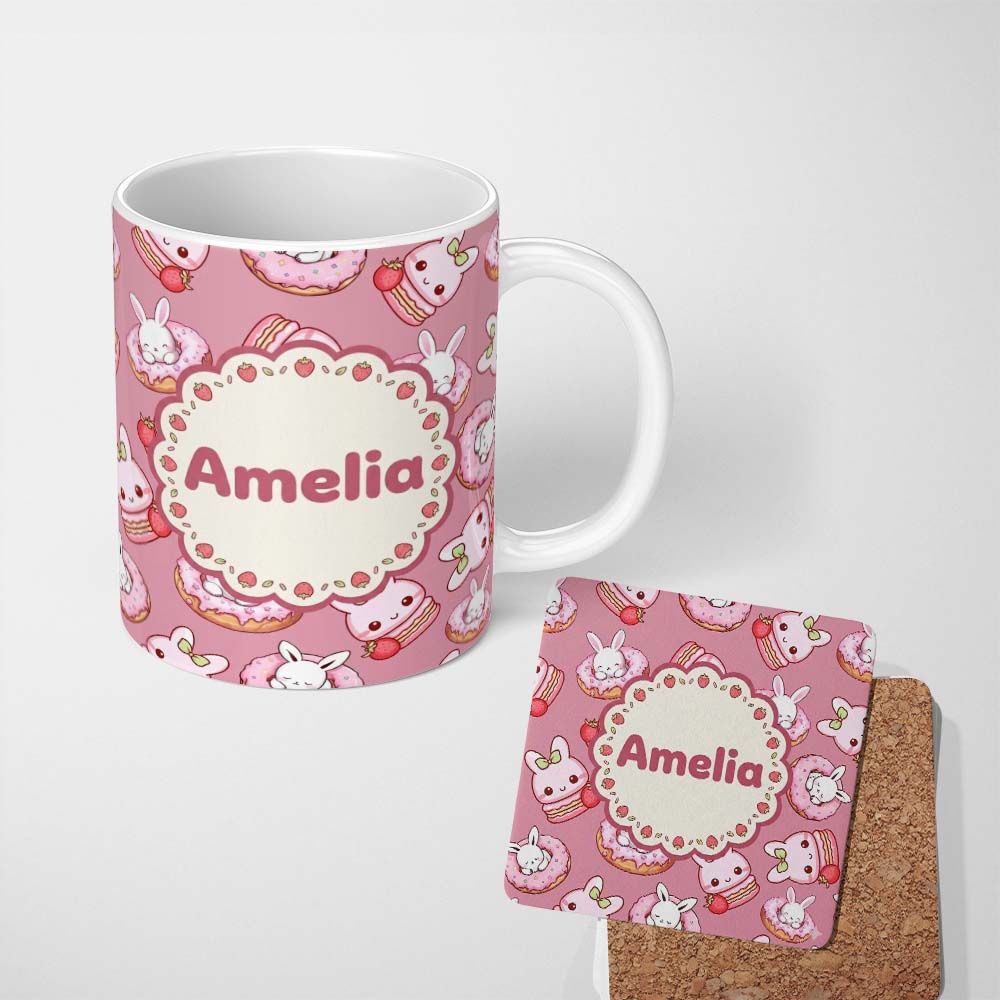 Personalized Custom Name Cute Bunny Donut Dessert Kawaii Pink Background Seamless Pattern 11oz Ceramic Coffee Tea Mug White Large Handle