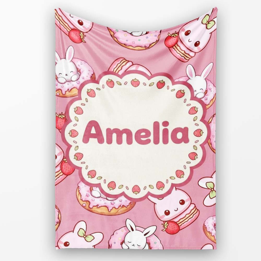 Cute Bunny Donut Dessert Kawaii Pink Background Seamless Pattern Personalised Custom Name Super Soft Fleece Blanket Bed Sofa Throw