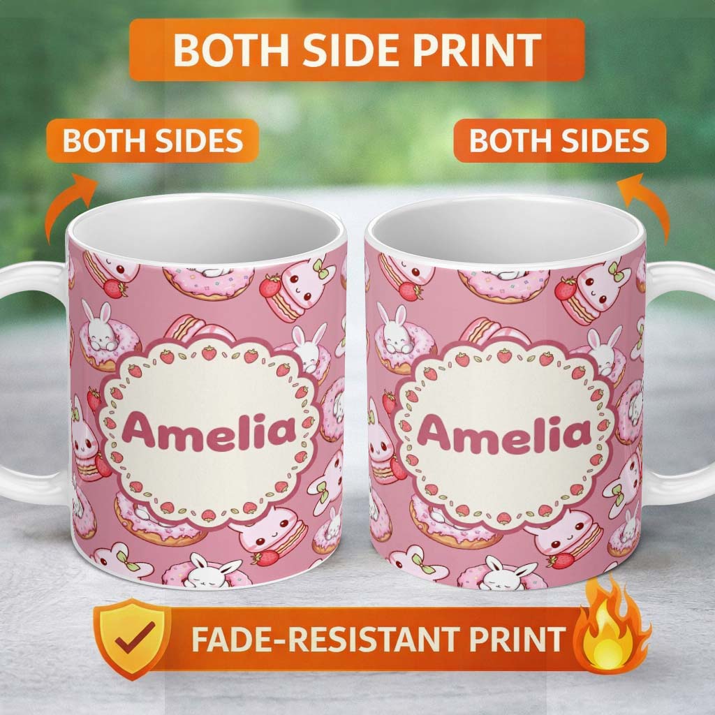 Personalized Custom Name Cute Bunny Donut Dessert Kawaii Pink Background Seamless Pattern 11oz Ceramic Coffee Tea Mug White Large Handle