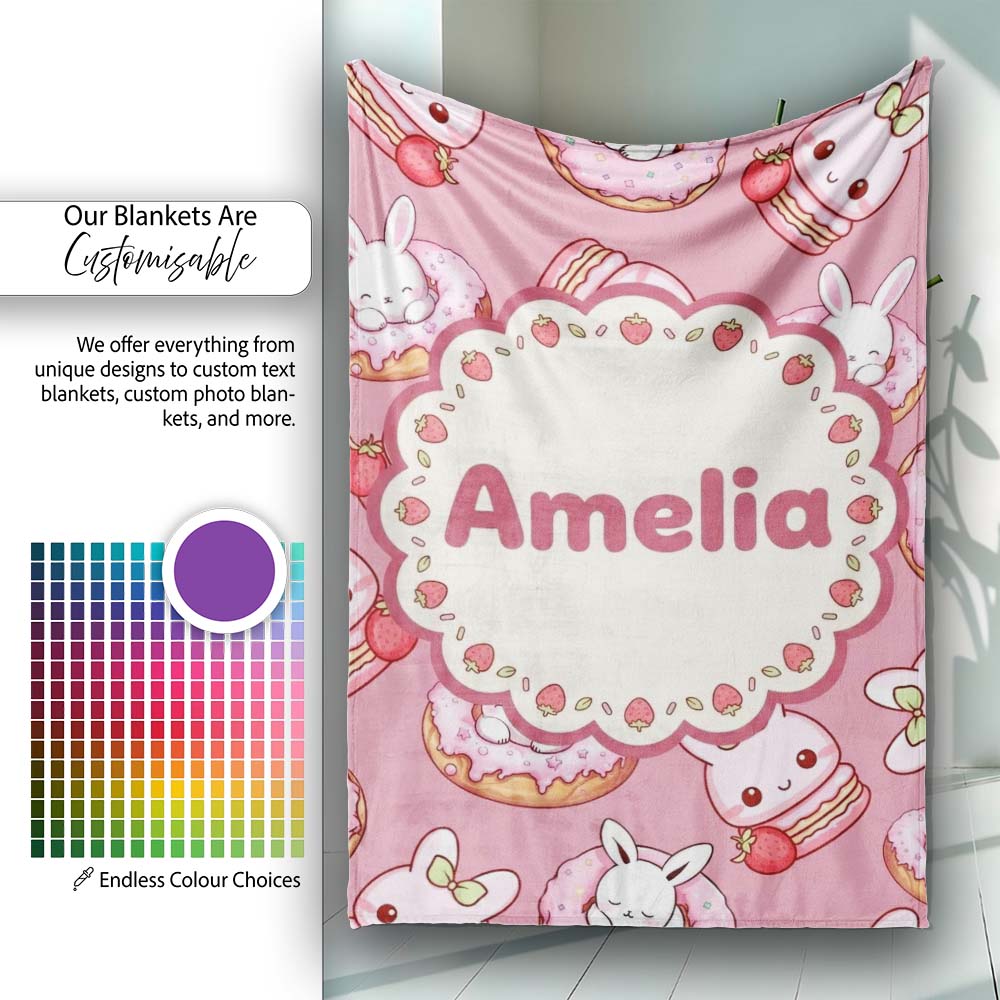 Cute Bunny Donut Dessert Kawaii Pink Background Seamless Pattern Personalised Custom Name Super Soft Fleece Blanket Bed Sofa Throw