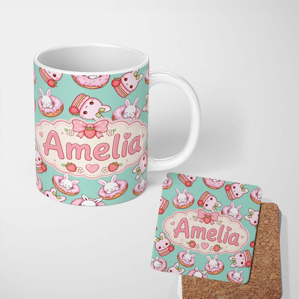 Personalized Custom Name Cute Bunny Donut Dessert Kawaii Mint Background Seamless Pattern 11oz Ceramic Coffee Tea Mug White Large Handle