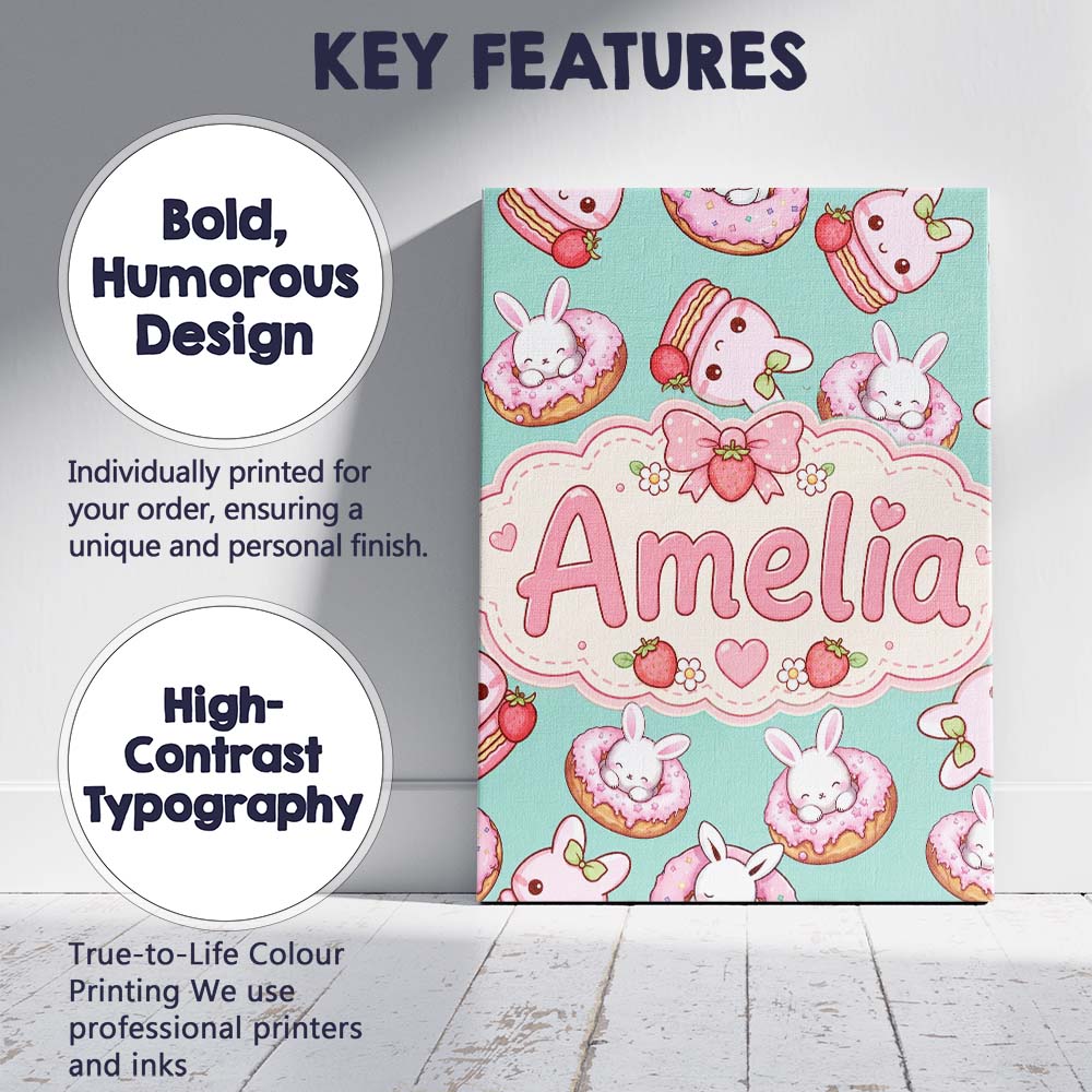 Personalised Name Cute Bunny Donut Dessert Custom Unique Gift Idea Elegant Feature Canvas Wall Art Print Decor Picture Ready to Hang
