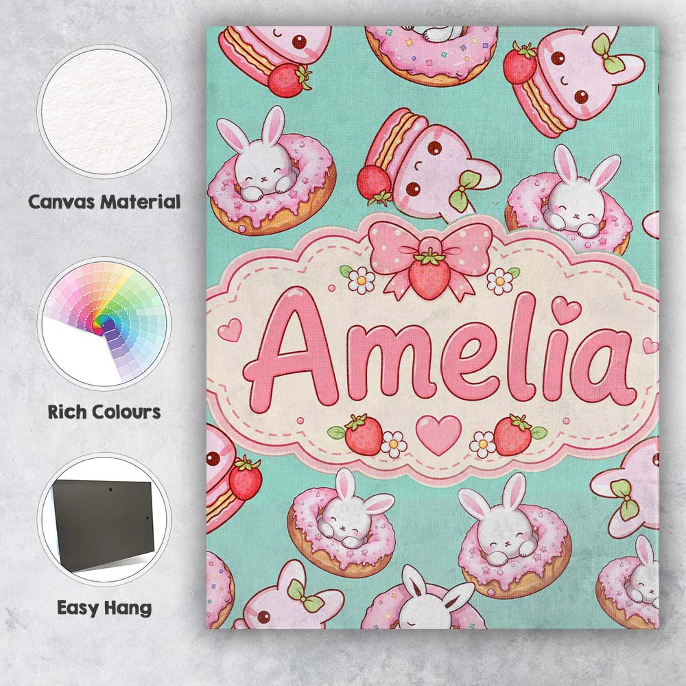 Personalised Name Cute Bunny Donut Dessert Custom Unique Gift Idea Elegant Feature Canvas Wall Art Print Decor Picture Ready to Hang