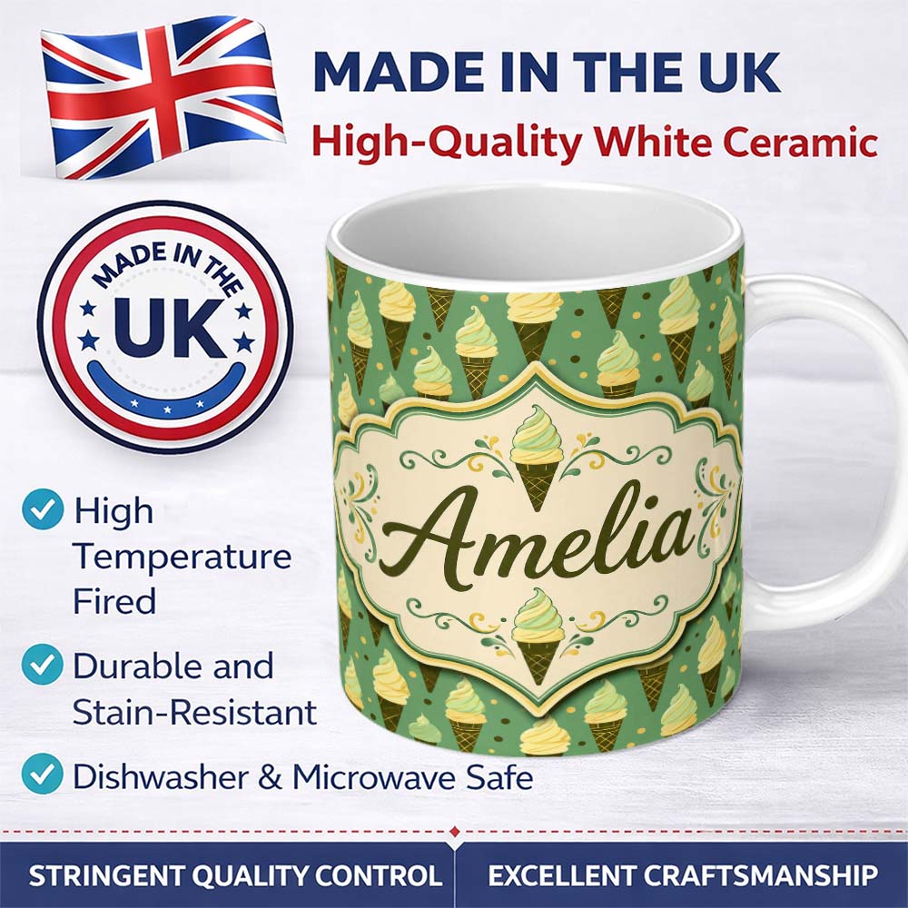 Personalized Custom Name Vintage Mint Green Ice Cream Cones Seamless Pattern Sweet Dessert 11oz Ceramic Coffee Tea Mug White Large Handle
