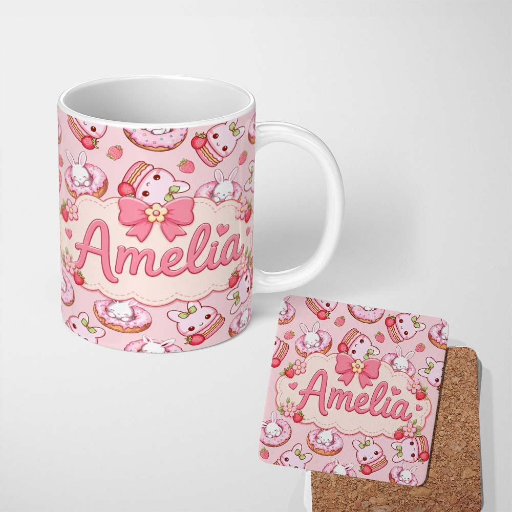 Personalized Custom Name Cute Bunny Donut Dessert Kawaii Blush Background Seamless Pattern 11oz Ceramic Coffee Tea Mug White Large Handle