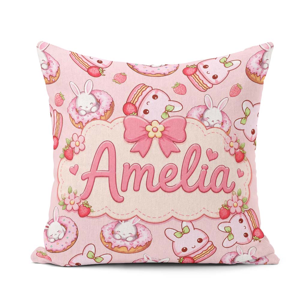 Custom Name Bunny Donut Dessert Kawaii Blush Background Seamless Square Filled Cushion Throw Pillow Sofa Bed Home Decor Zip Washable UK Made