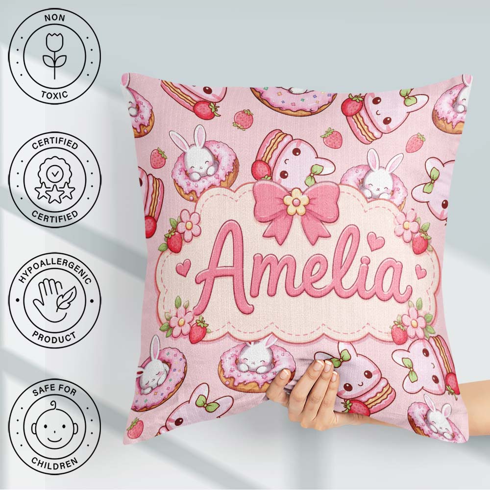 Custom Name Bunny Donut Dessert Kawaii Blush Background Seamless Square Filled Cushion Throw Pillow Sofa Bed Home Decor Zip Washable UK Made