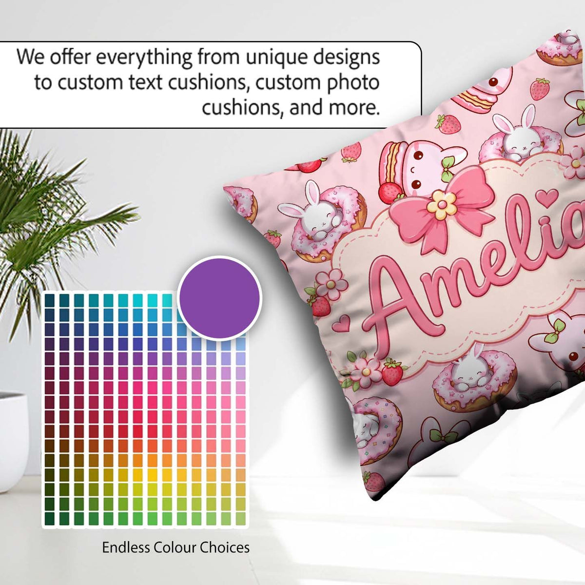 Custom Name Bunny Donut Dessert Kawaii Blush Background Seamless Square Filled Cushion Throw Pillow Sofa Bed Home Decor Zip Washable UK Made