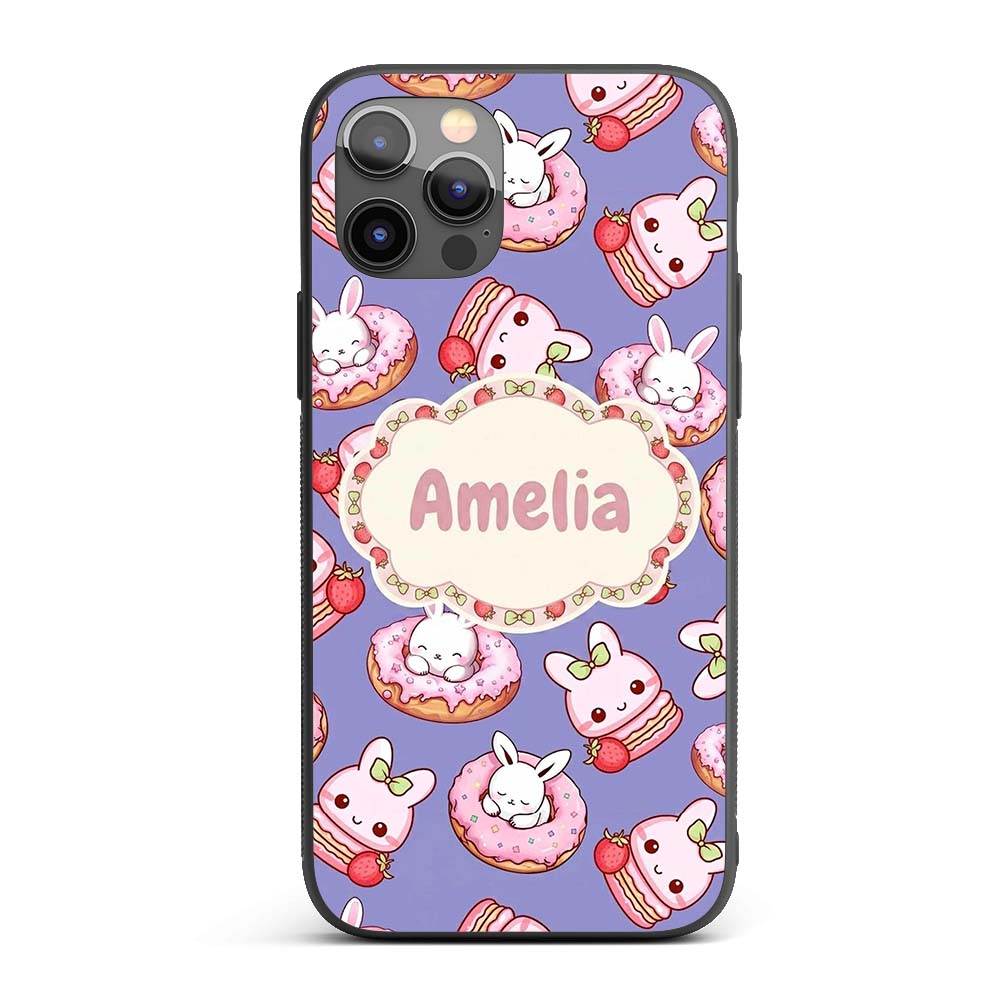 Cute Bunny Donut Dessert Kawaii Purple Background Custom Name Protective Phone Case Mobile Cover Durable Everyday Smartphone Shock Resistant
