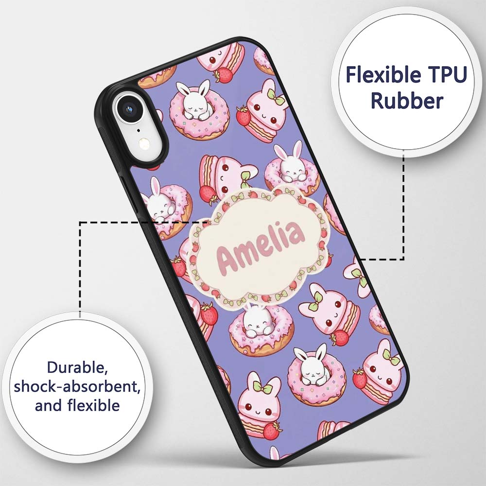 Cute Bunny Donut Dessert Kawaii Purple Background Custom Name Protective Phone Case Mobile Cover Durable Everyday Smartphone Shock Resistant