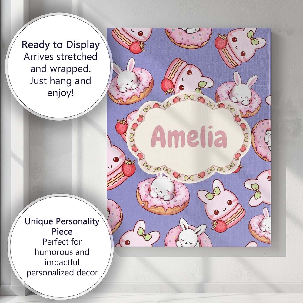 Personalised Name Cute Bunny Donut Dessert Custom Unique Gift Idea Elegant Feature Canvas Wall Art Print Decor Picture Ready to Hang