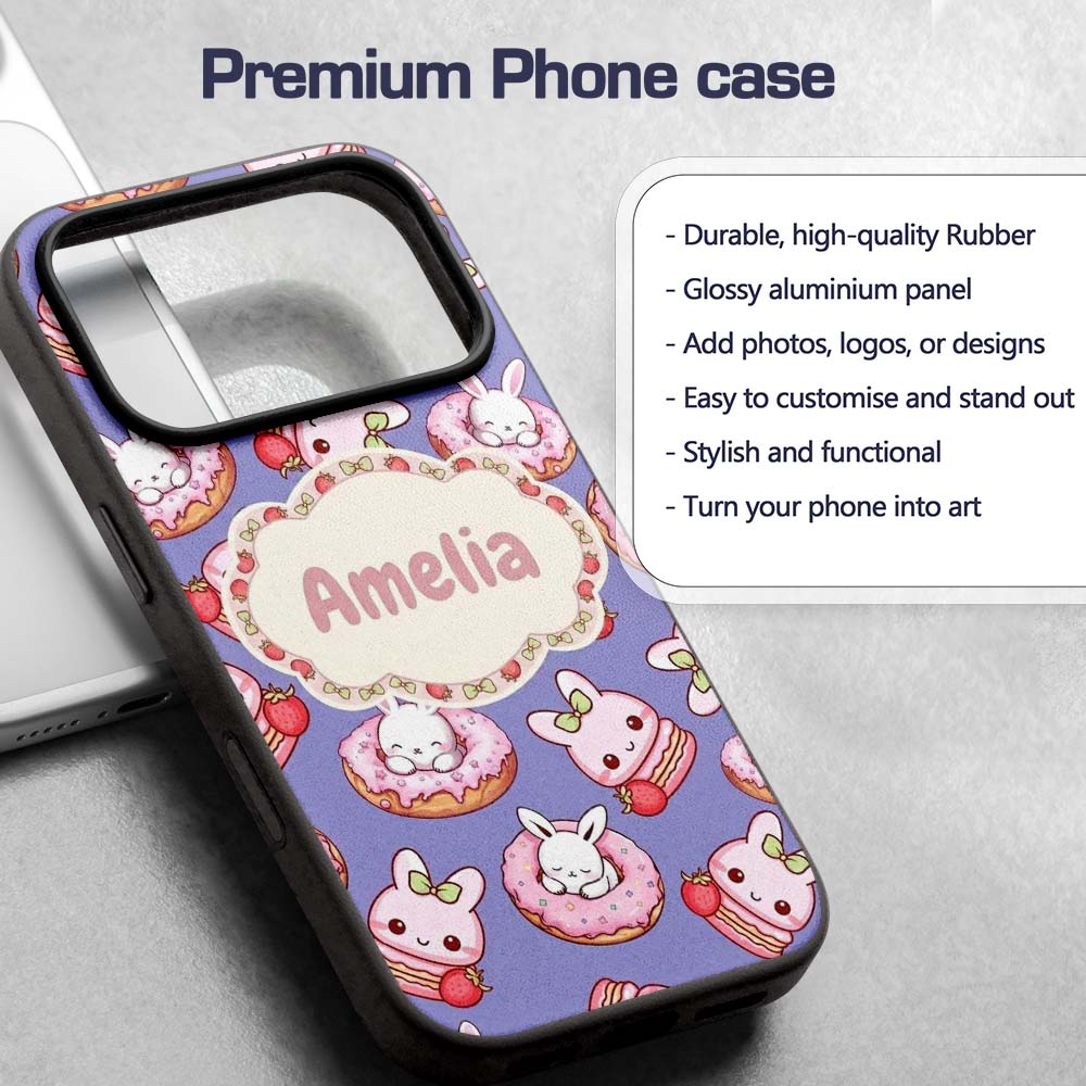 Cute Bunny Donut Dessert Kawaii Purple Background Custom Name Protective Phone Case Mobile Cover Durable Everyday Smartphone Shock Resistant