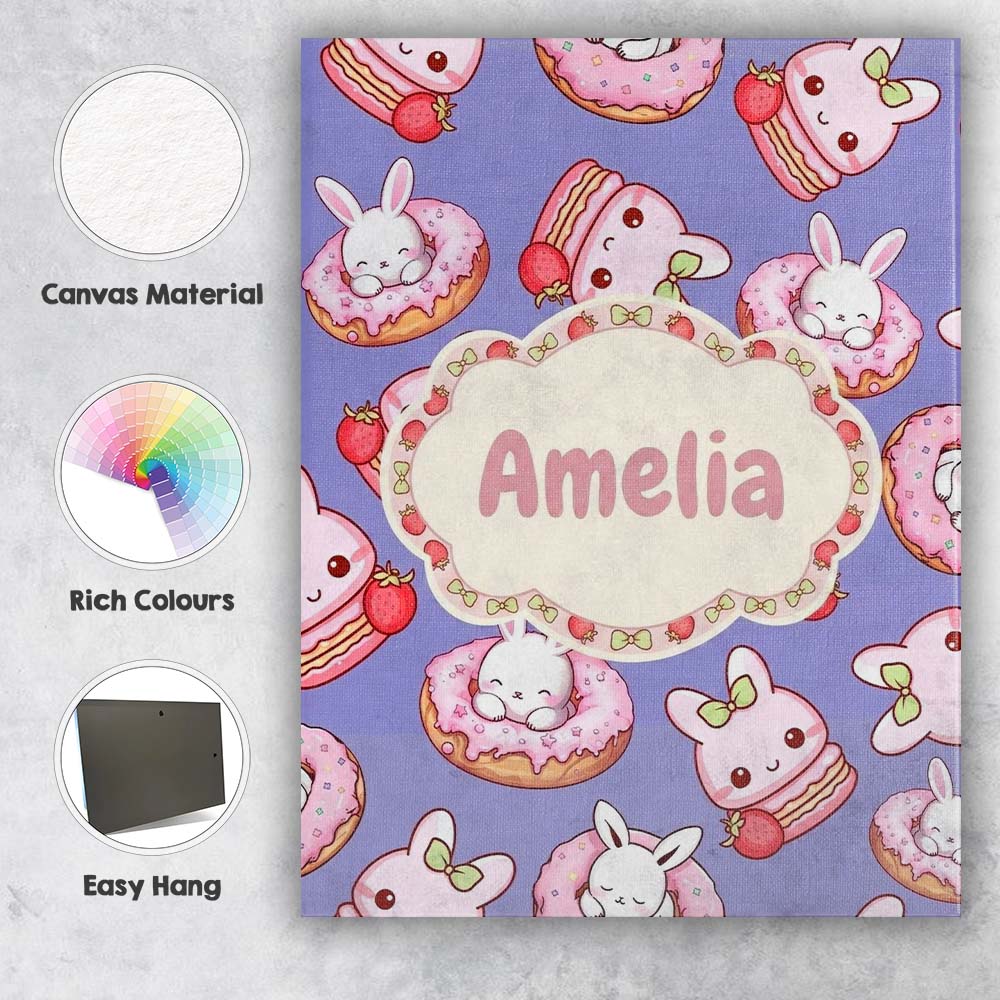 Personalised Name Cute Bunny Donut Dessert Custom Unique Gift Idea Elegant Feature Canvas Wall Art Print Decor Picture Ready to Hang