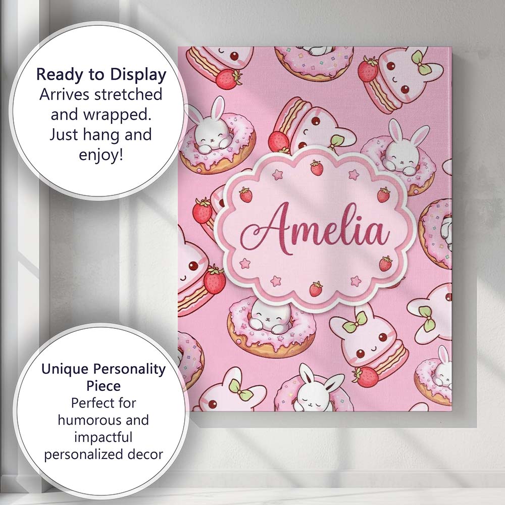 Personalised Name Cute Bunny Donut Dessert Custom Unique Gift Idea Elegant Feature Canvas Wall Art Print Decor Picture Ready to Hang