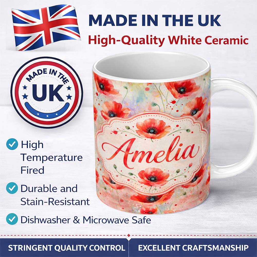 Personalized Custom Name Watercolor Red Poppy Flowers Soft Artistic Seamless Pattern Lovely 11oz Ceramic Coffee Tea Mug White Large Handle