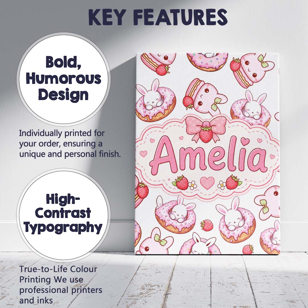 Personalised Name Cute Bunny Donut Dessert Custom Unique Gift Idea Elegant Feature Canvas Wall Art Print Decor Picture Ready to Hang