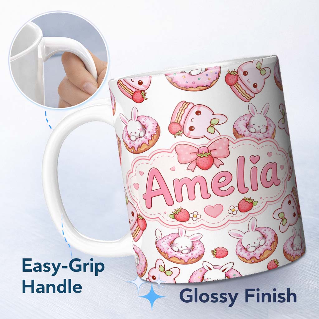 Personalized Custom Name Cute Bunny Donut Dessert Kawaii Grey Background Seamless Pattern 11oz Ceramic Coffee Tea Mug White Large Handle