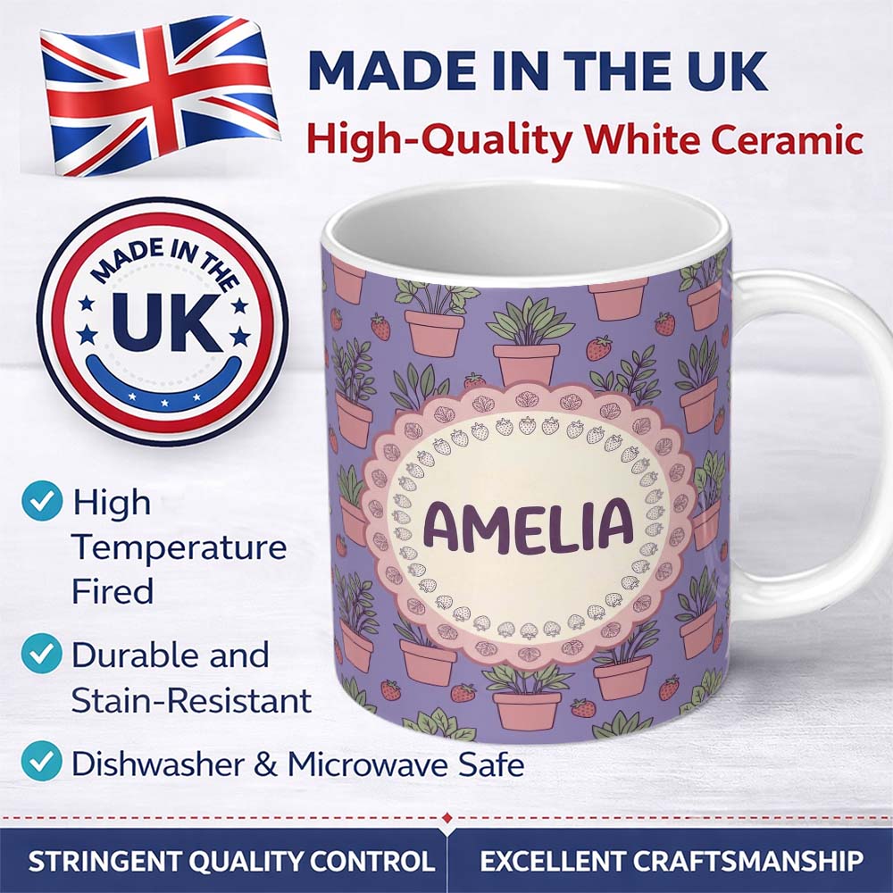 Personalized Custom Name Cute Pink Plant Pots Leaves Strawberry Seamless Pattern Lavender 11oz Ceramic Coffee Tea Mug White Large Handle
