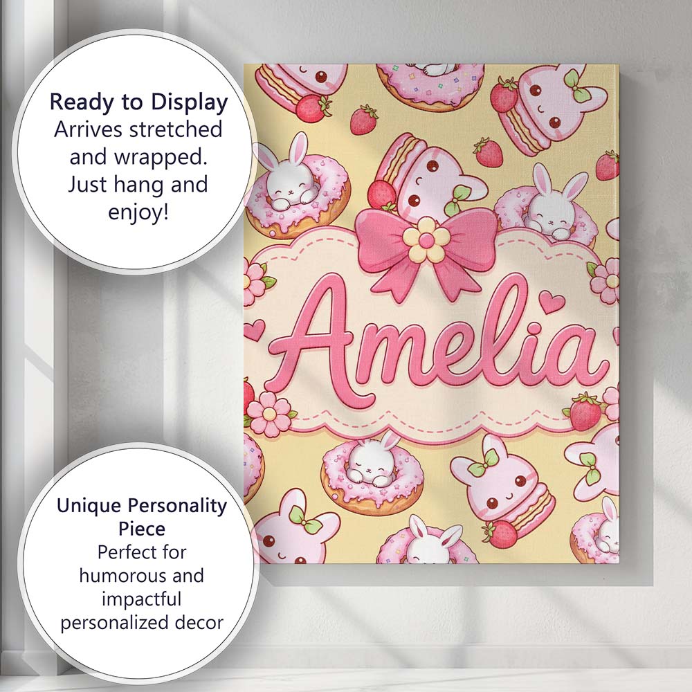 Personalised Name Cute Bunny Donut Dessert Custom Unique Gift Idea Elegant Feature Canvas Wall Art Print Decor Picture Ready to Hang