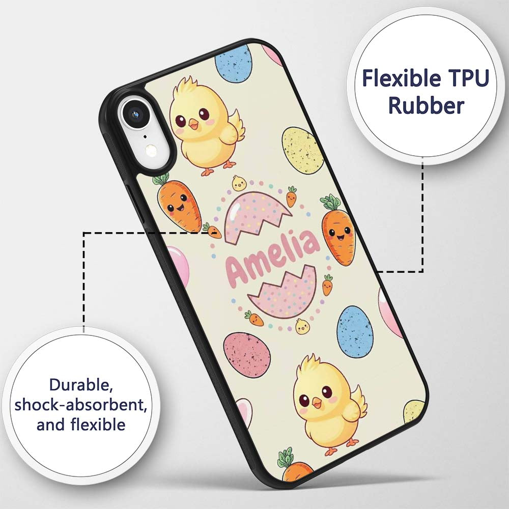 Cute Easter Bunny Chick Carrot Egg Printed Design Custom Name Protective Phone Case Mobile Cover Durable Everyday Smartphone Shock Resistant