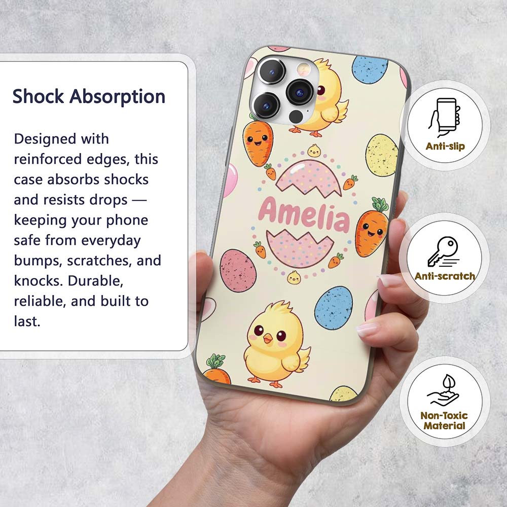 Cute Easter Bunny Chick Carrot Egg Printed Design Custom Name Protective Phone Case Mobile Cover Durable Everyday Smartphone Shock Resistant