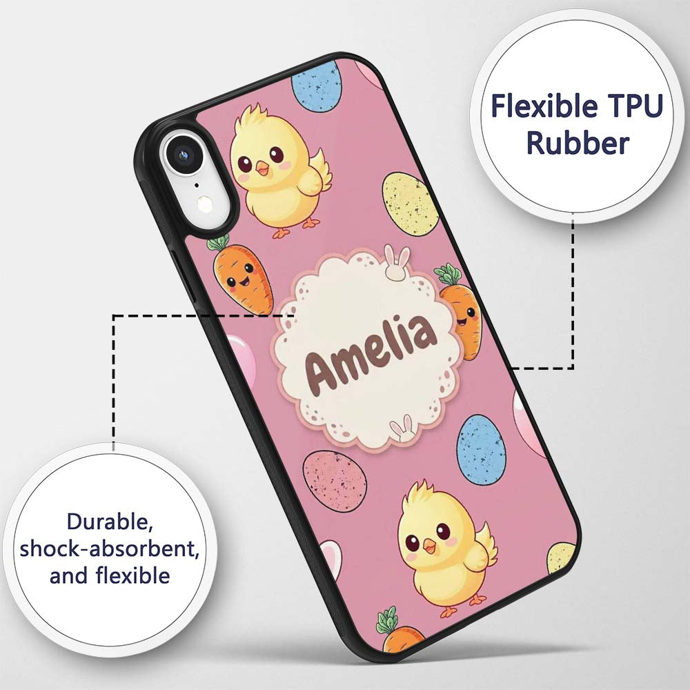 Cute Easter Bunny Chick Carrot Egg Printed Design Custom Name Protective Phone Case Mobile Cover Durable Everyday Smartphone Shock Resistant