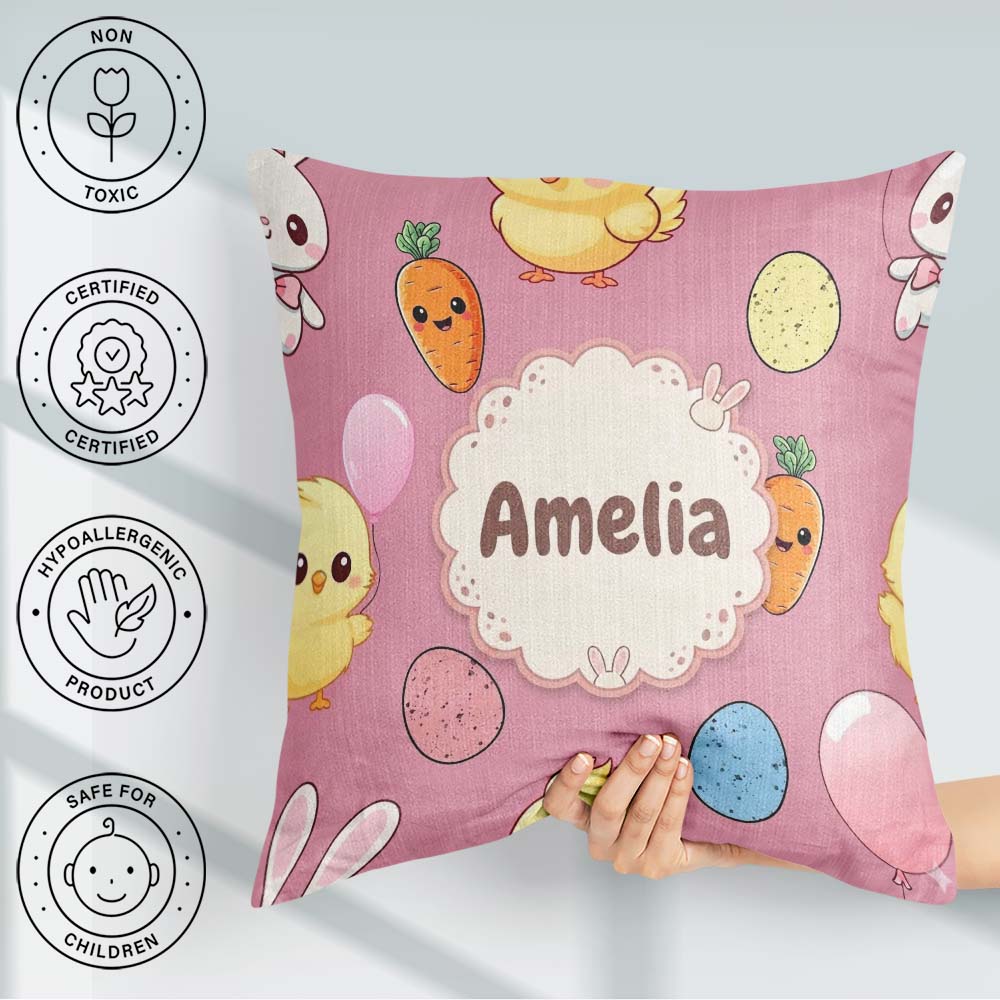 Custom Name Easter Bunny Chick Carrot Egg Pink Seamless Pattern Square Filled Cushion Throw Pillow Sofa Bed Home Decor Zip Washable UK Made
