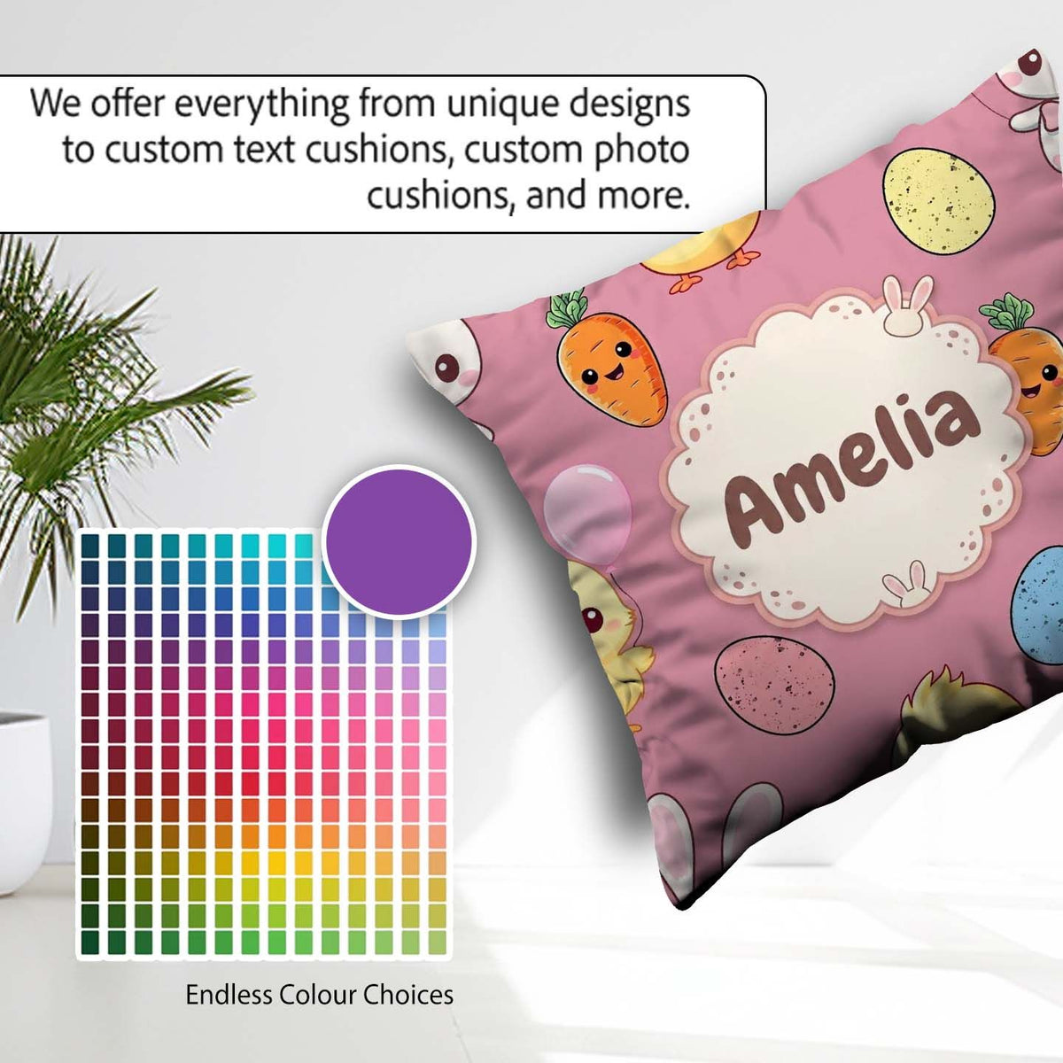 Custom Name Easter Bunny Chick Carrot Egg Pink Seamless Pattern Square Filled Cushion Throw Pillow Sofa Bed Home Decor Zip Washable UK Made
