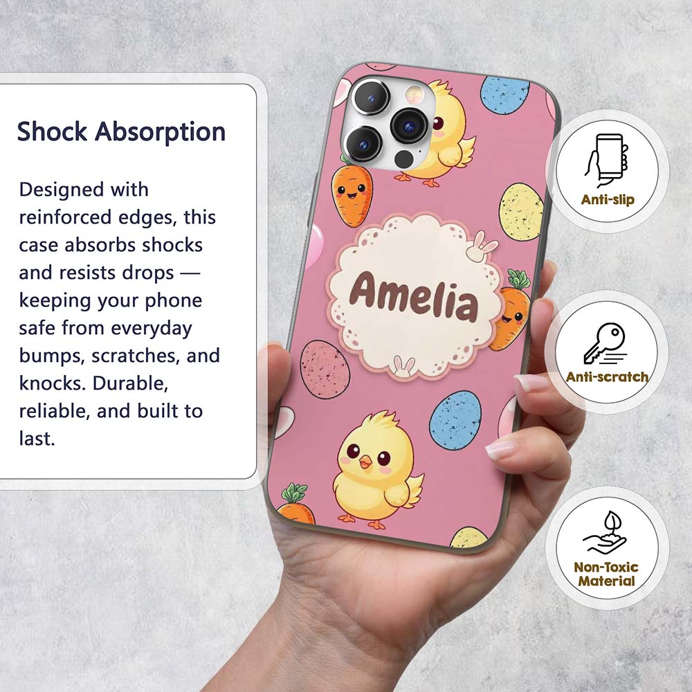 Cute Easter Bunny Chick Carrot Egg Printed Design Custom Name Protective Phone Case Mobile Cover Durable Everyday Smartphone Shock Resistant