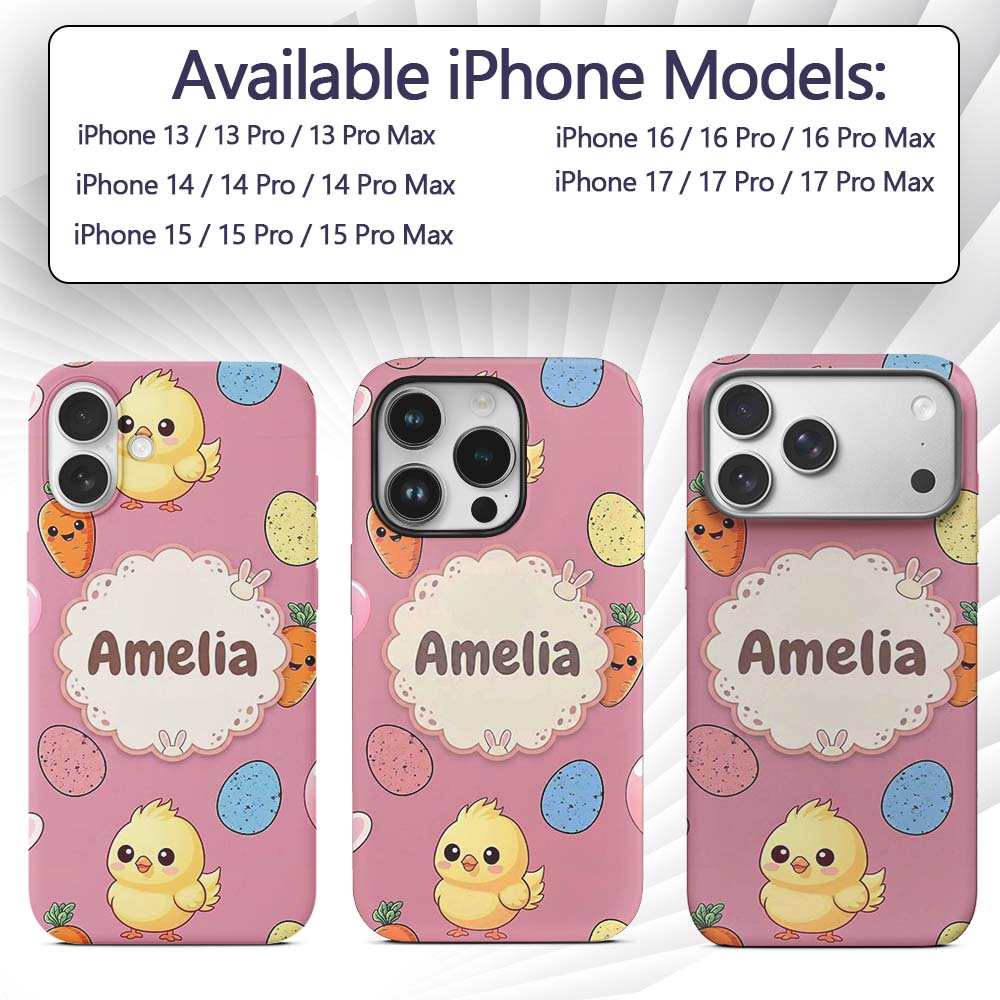 Cute Easter Bunny Chick Carrot Egg Printed Design Custom Name Protective Phone Case Mobile Cover Durable Everyday Smartphone Shock Resistant