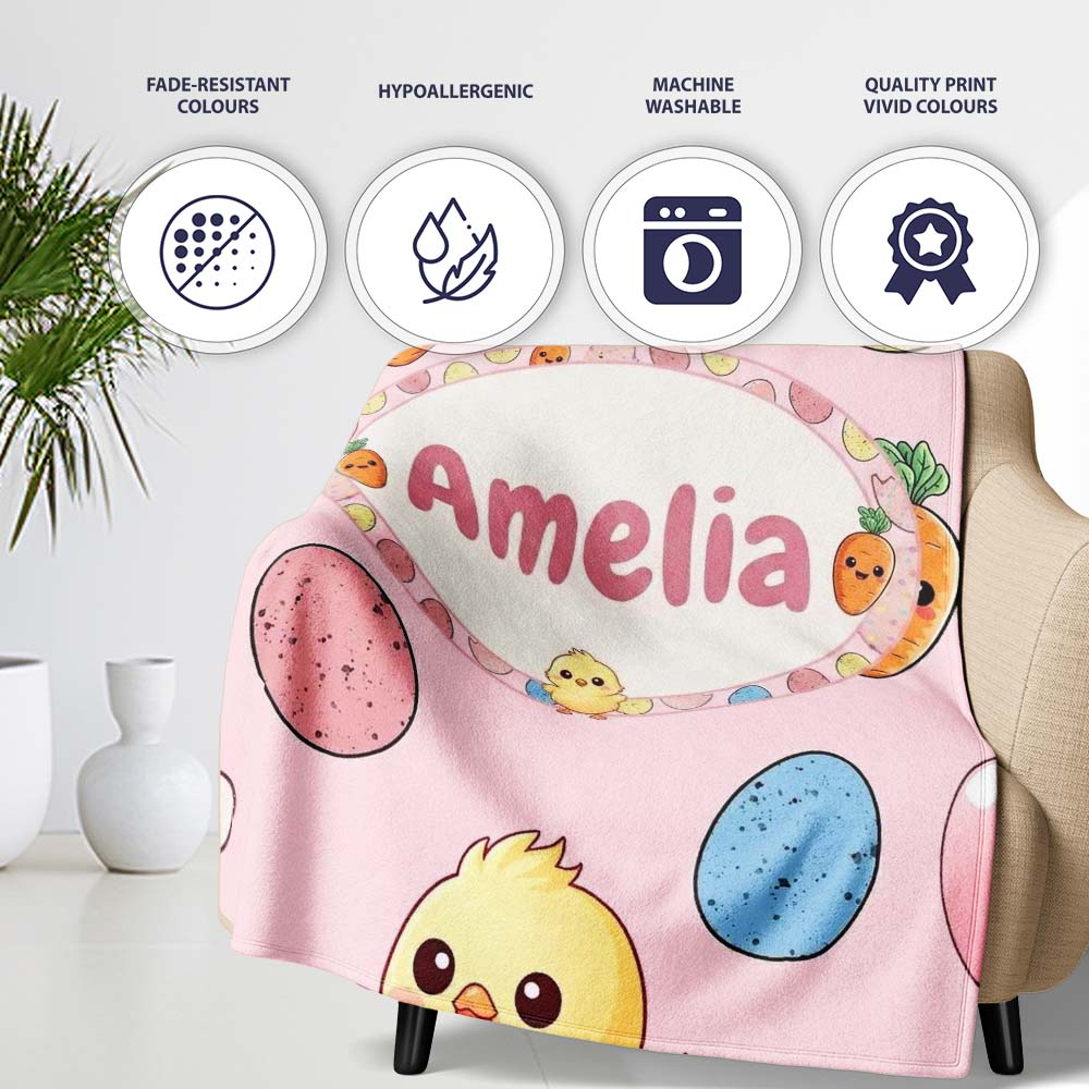 Cute Easter Bunny Chick Carrot Egg Soft Blush Seamless Pattern Personalised Custom Name Super Soft Fleece Blanket Bed Sofa Throw