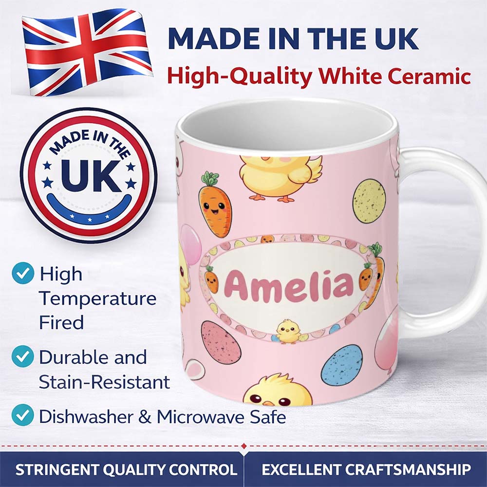 Personalized Custom Name Cute Easter Bunny Chick Carrot Egg Soft Blush Seamless Pattern 11oz Ceramic Coffee Tea Mug White Large Handle