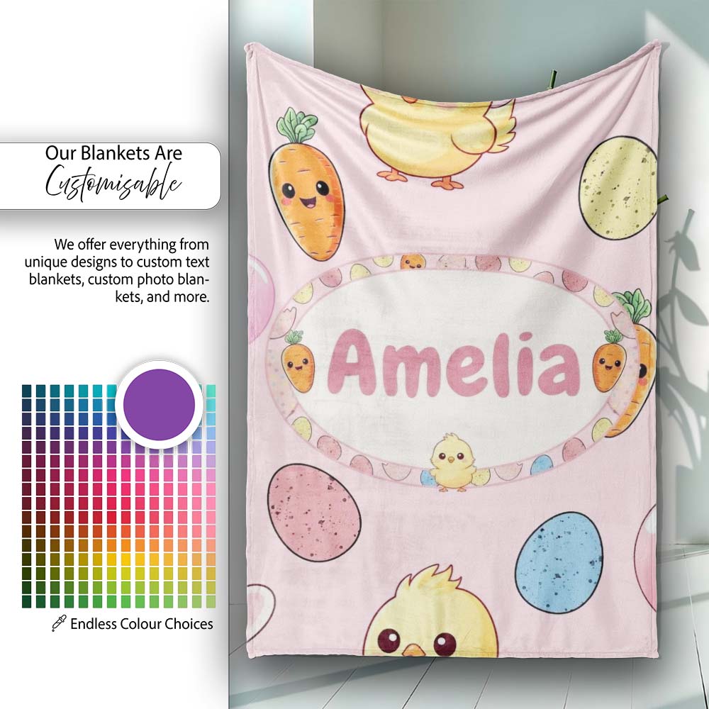 Cute Easter Bunny Chick Carrot Egg Soft Blush Seamless Pattern Personalised Custom Name Super Soft Fleece Blanket Bed Sofa Throw