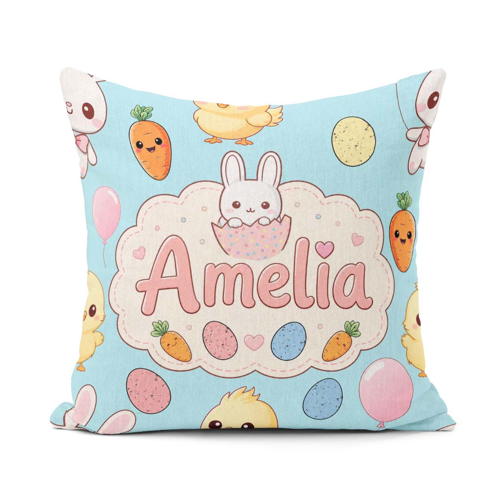 Custom Name Easter Bunny Chick Carrot Egg Blue Seamless Pattern Square Filled Cushion Throw Pillow Sofa Bed Home Decor Zip Washable UK Made