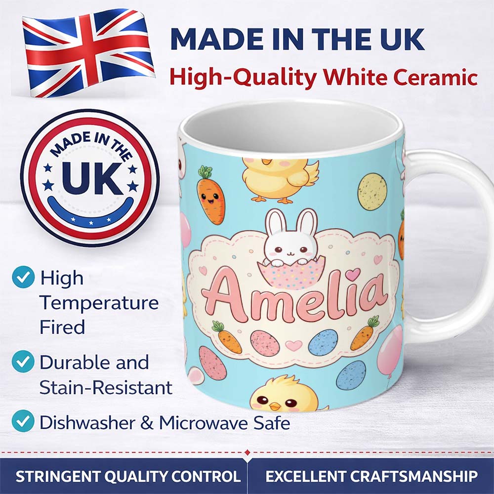 Personalized Custom Name Cute Easter Bunny Chick Carrot Egg Blue Background Seamless Pattern 11oz Ceramic Coffee Tea Mug White Large Handle
