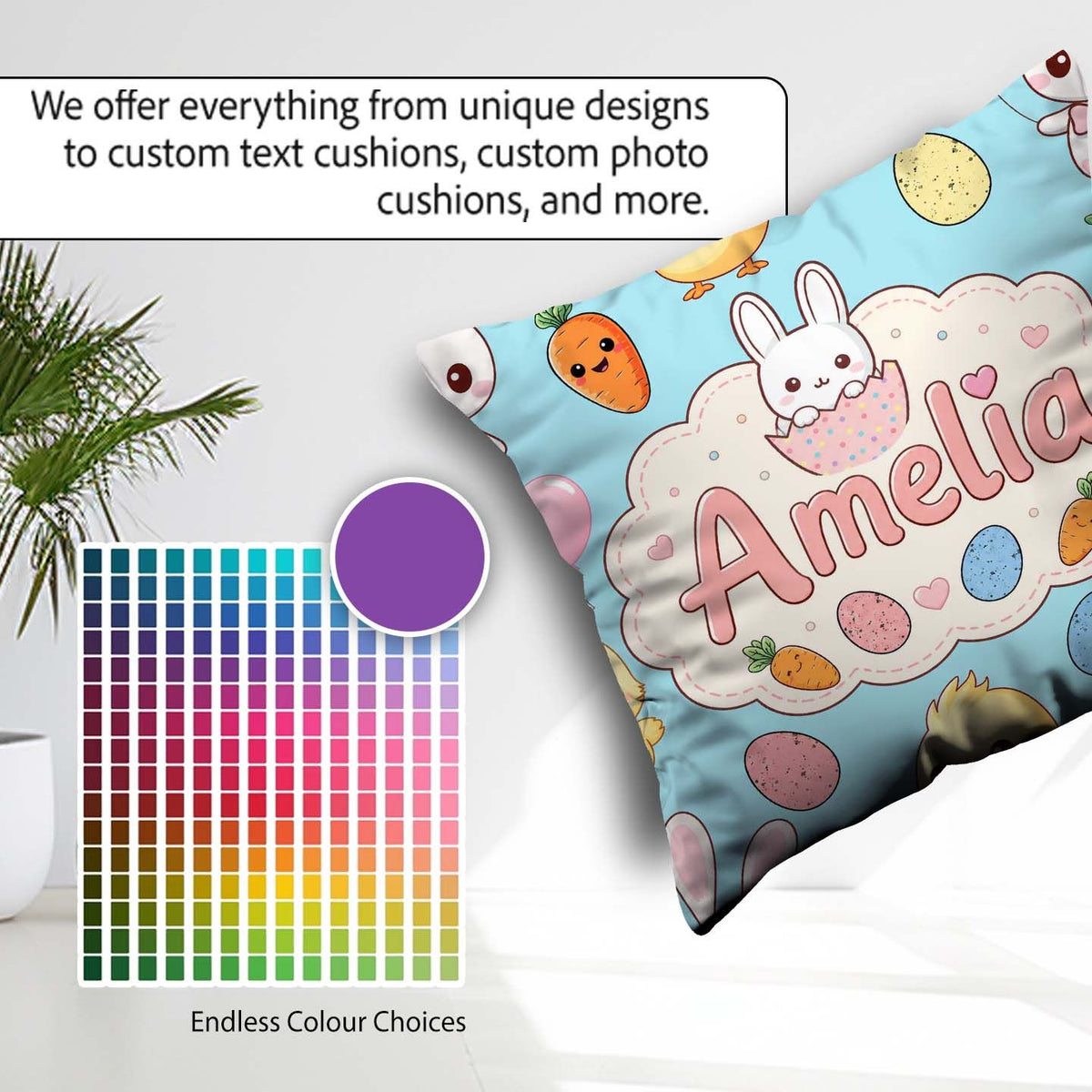 Custom Name Easter Bunny Chick Carrot Egg Blue Seamless Pattern Square Filled Cushion Throw Pillow Sofa Bed Home Decor Zip Washable UK Made