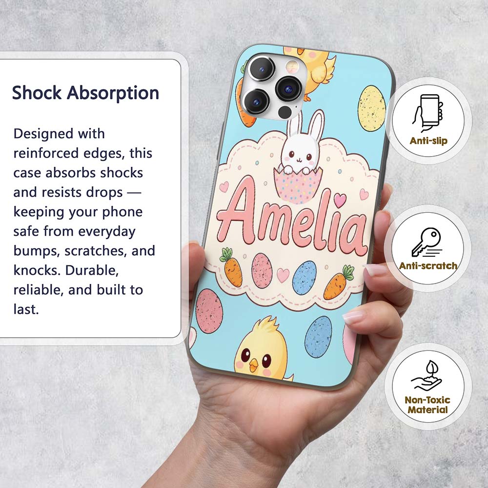 Cute Easter Bunny Chick Carrot Egg Printed Design Custom Name Protective Phone Case Mobile Cover Durable Everyday Smartphone Shock Resistant