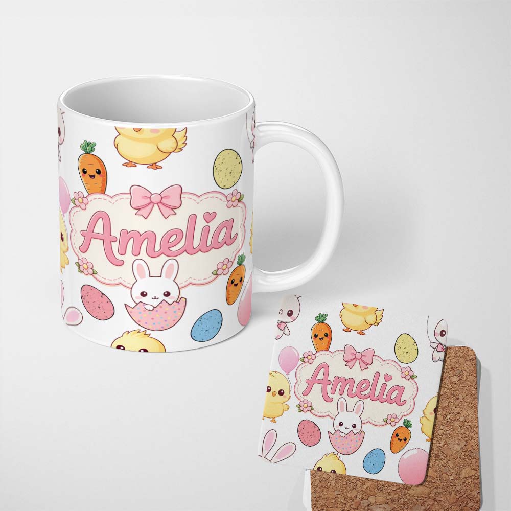 Personalized Custom Name Cute Easter Bunny Chick Carrot Egg Light Grey Seamless Pattern 11oz Ceramic Coffee Tea Mug White Large Handle