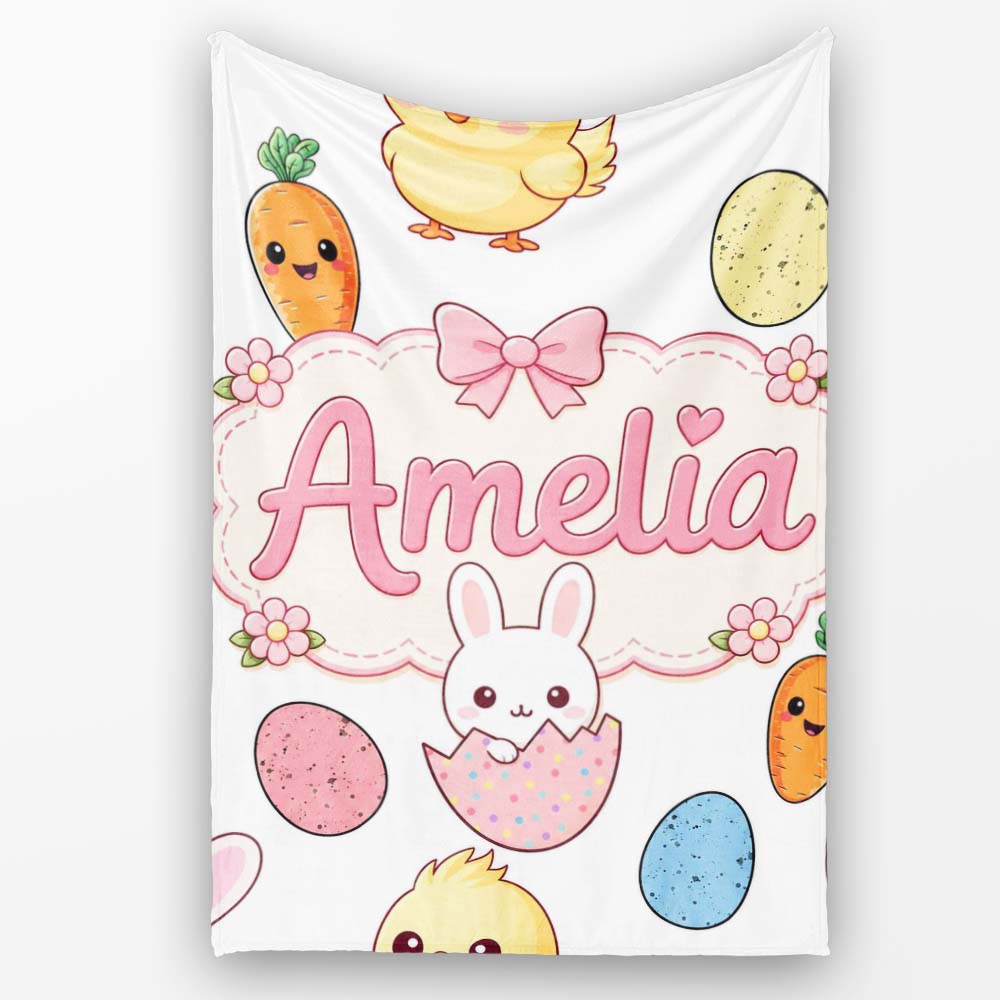 Cute Easter Bunny Chick Carrot Egg Light Grey Seamless Pattern Personalised Custom Name Super Soft Fleece Blanket Bed Sofa Throw