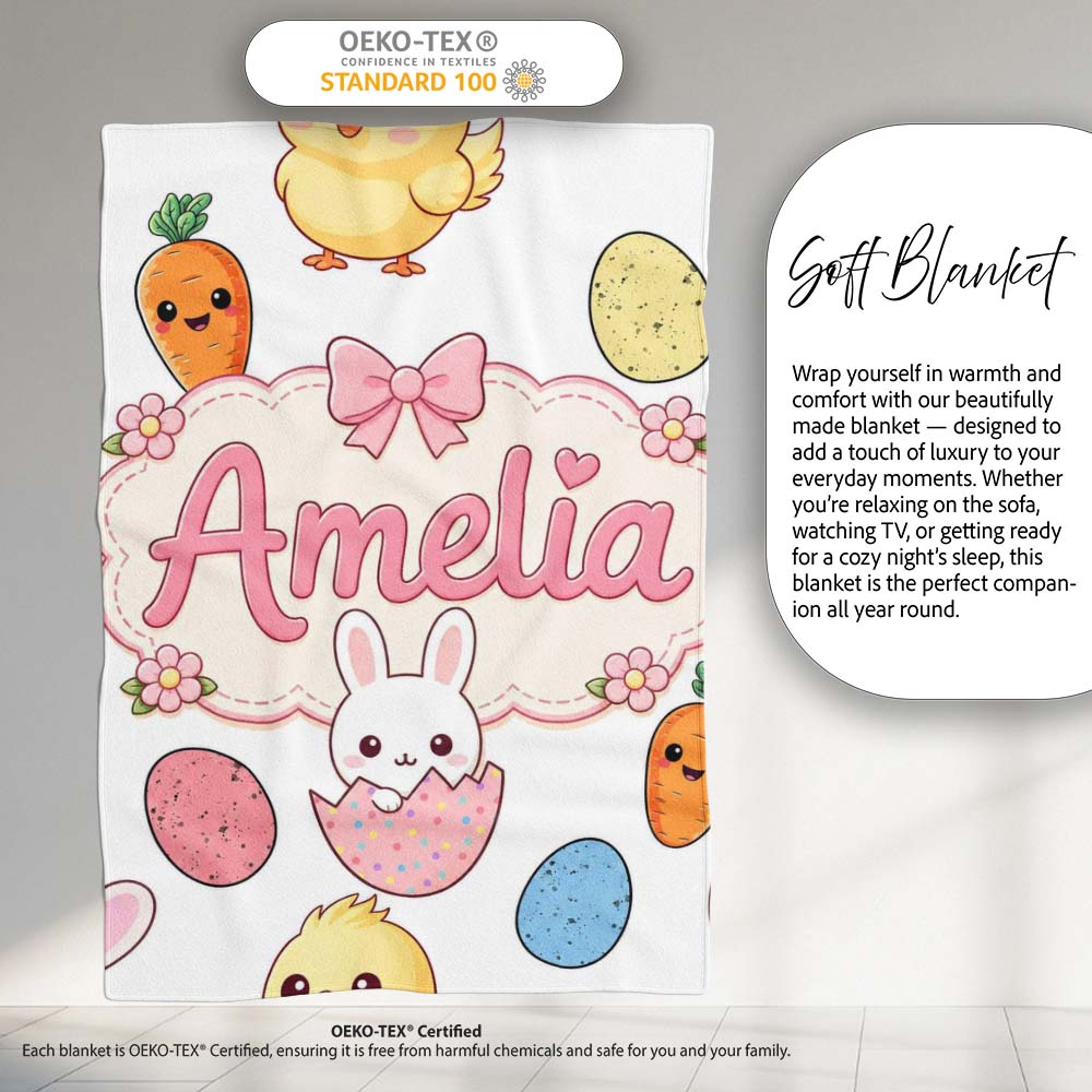Cute Easter Bunny Chick Carrot Egg Light Grey Seamless Pattern Personalised Custom Name Super Soft Fleece Blanket Bed Sofa Throw