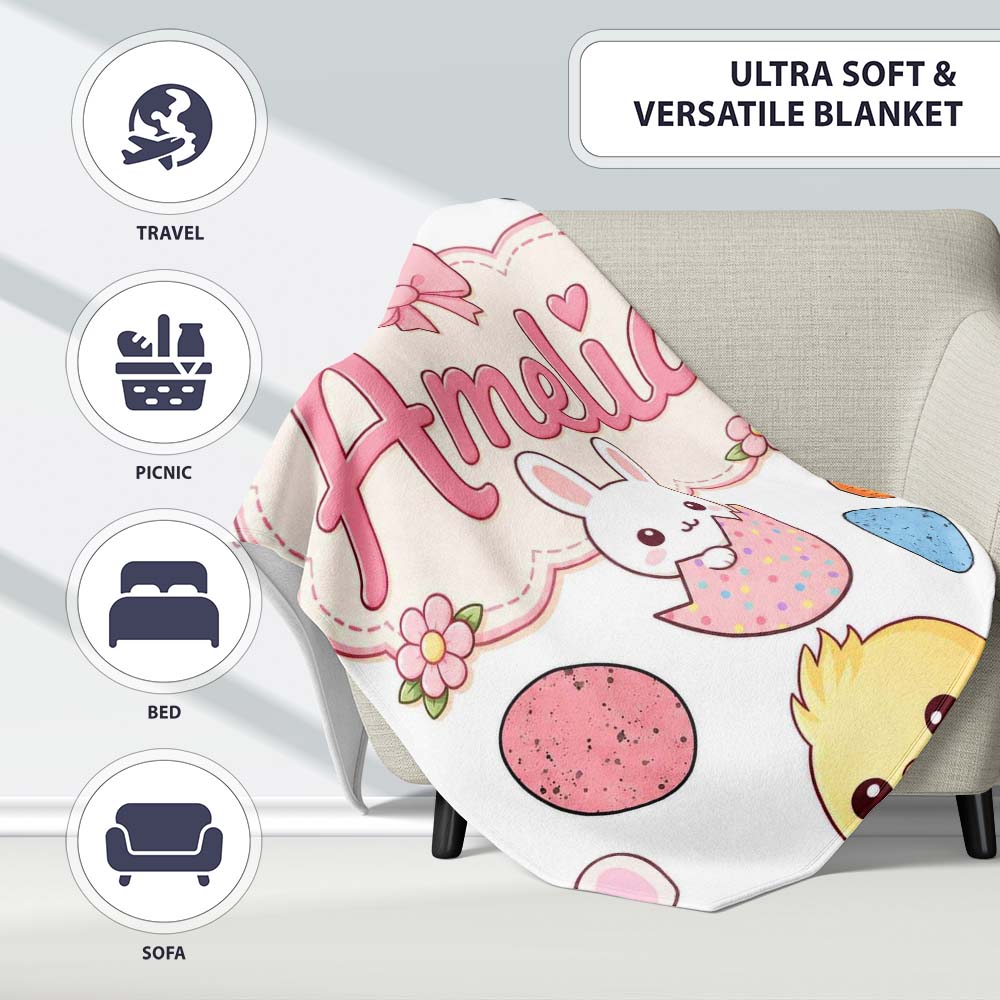 Cute Easter Bunny Chick Carrot Egg Light Grey Seamless Pattern Personalised Custom Name Super Soft Fleece Blanket Bed Sofa Throw