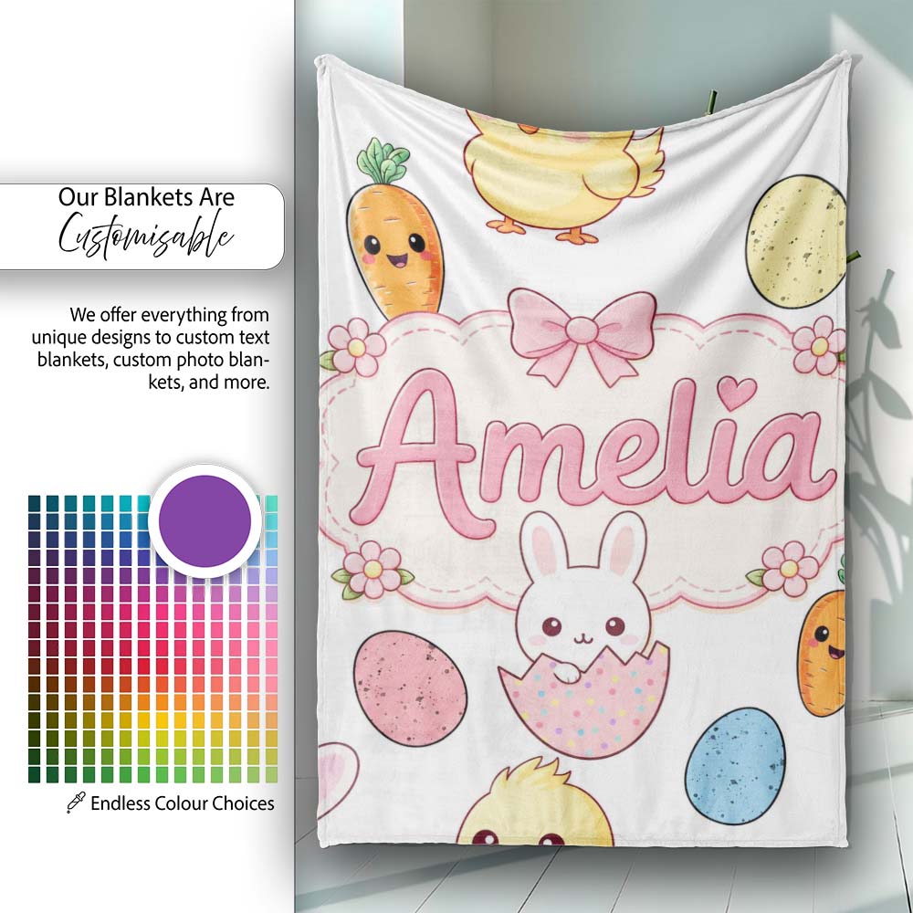 Cute Easter Bunny Chick Carrot Egg Light Grey Seamless Pattern Personalised Custom Name Super Soft Fleece Blanket Bed Sofa Throw