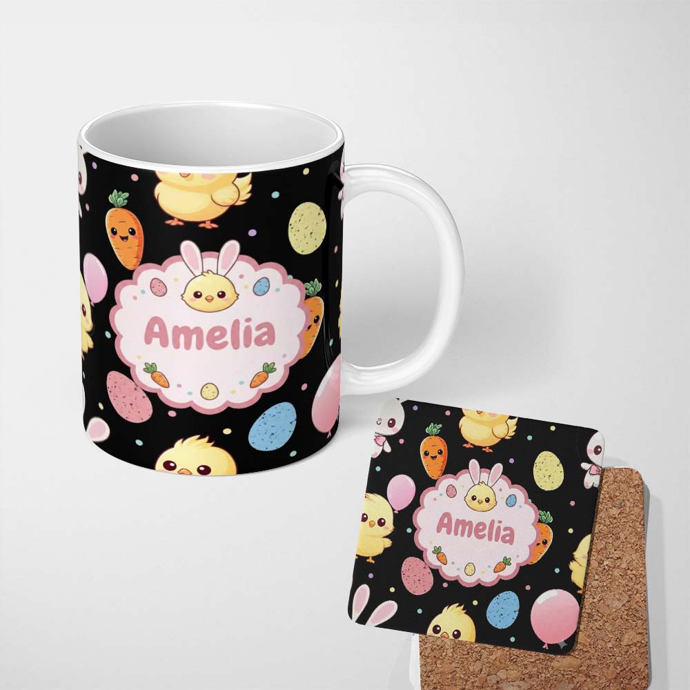 Personalized Custom Name Cute Easter Bunny Chick Carrot Egg Black Background Seamless 11oz Ceramic Coffee Tea Mug White Large Handle