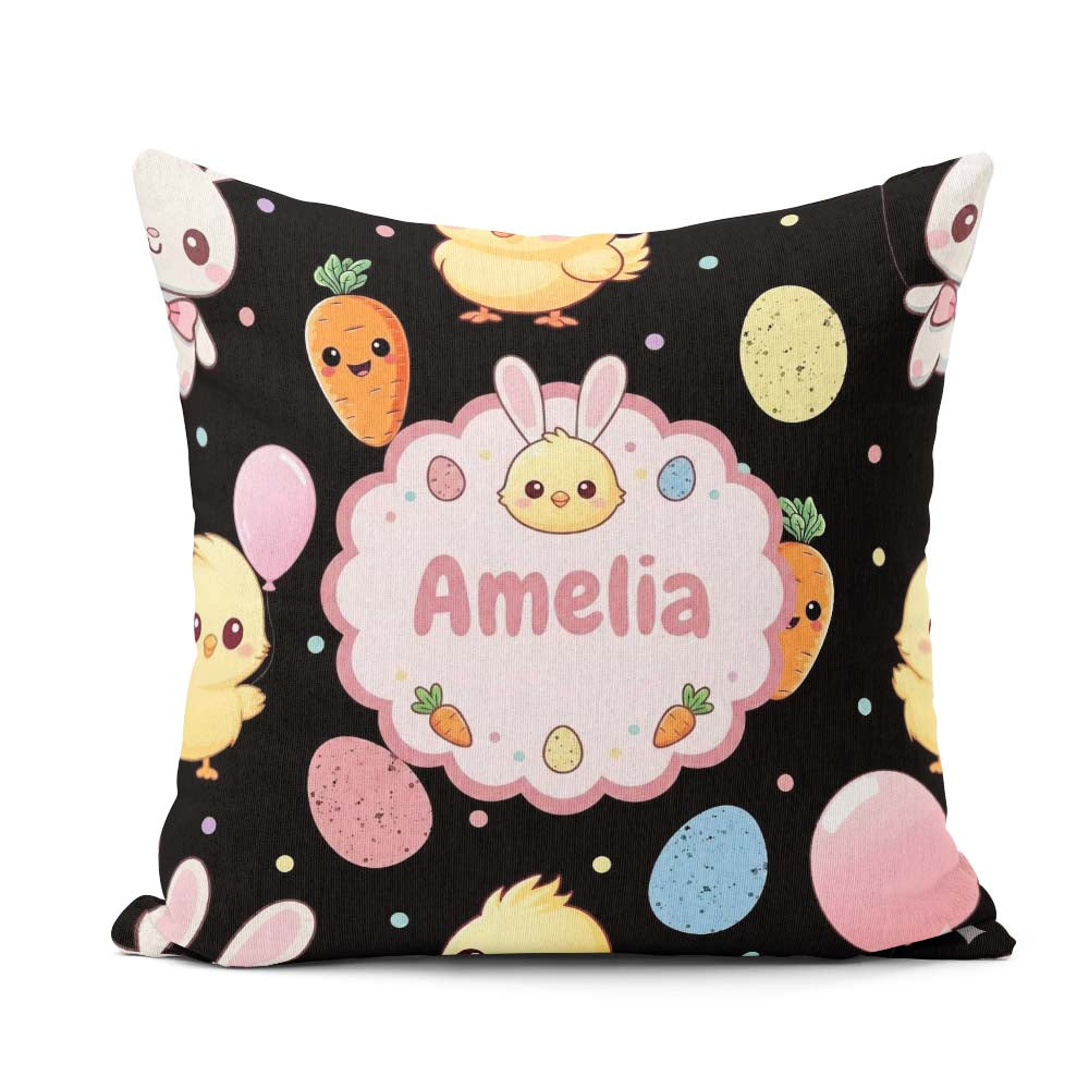Custom Name Cute Easter Bunny Chick Carrot Egg Black Background Square Filled Cushion Throw Pillow Sofa Bed Home Decor Zip Washable UK Made