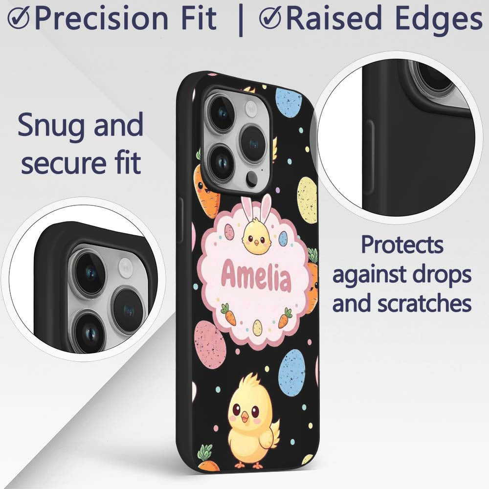 Cute Easter Bunny Chick Carrot Egg Printed Design Custom Name Protective Phone Case Mobile Cover Durable Everyday Smartphone Shock Resistant