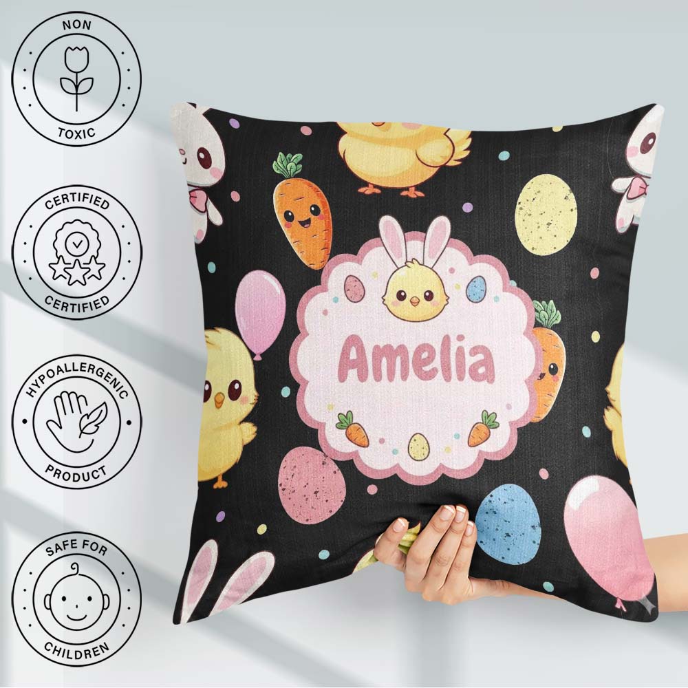 Custom Name Cute Easter Bunny Chick Carrot Egg Black Background Square Filled Cushion Throw Pillow Sofa Bed Home Decor Zip Washable UK Made
