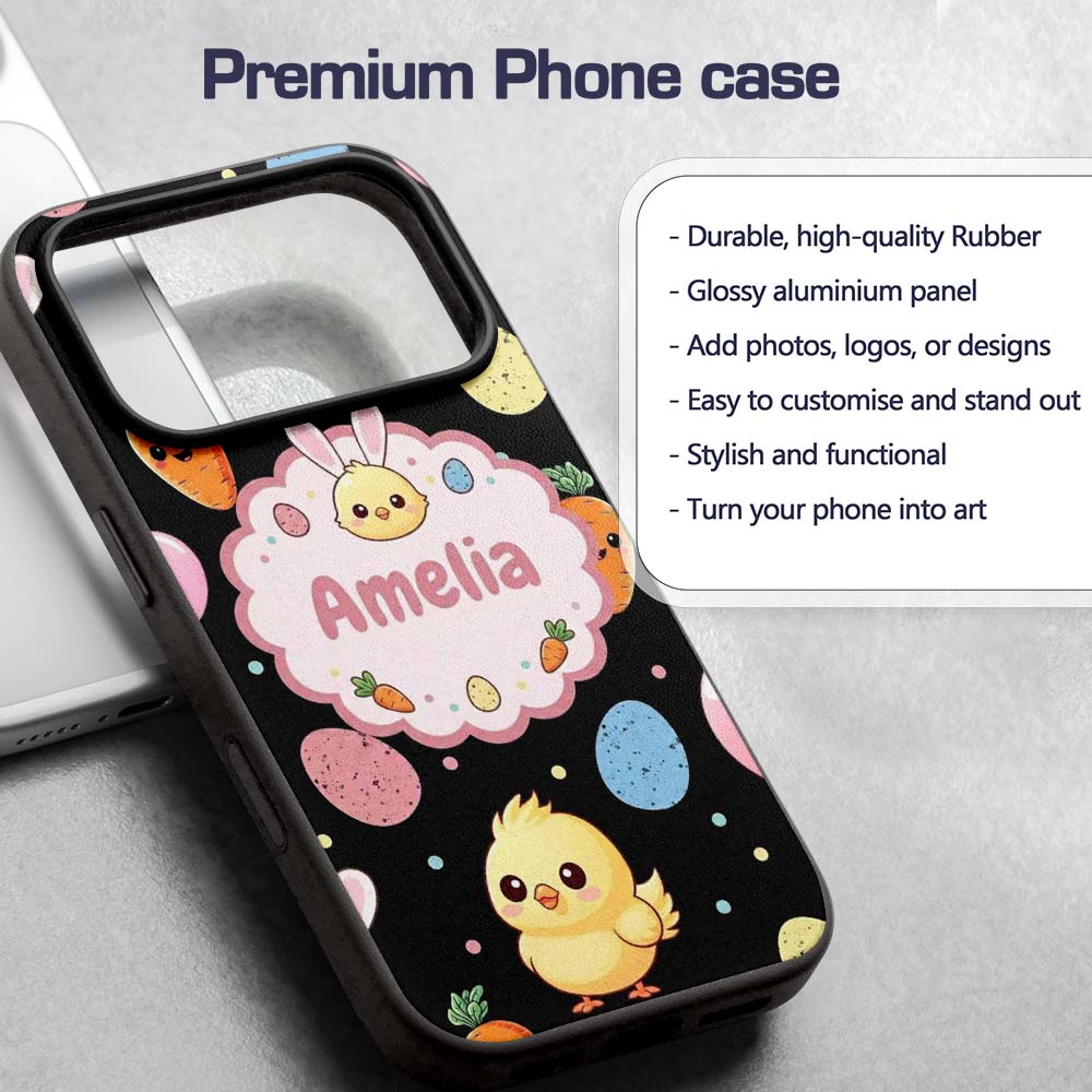 Cute Easter Bunny Chick Carrot Egg Printed Design Custom Name Protective Phone Case Mobile Cover Durable Everyday Smartphone Shock Resistant