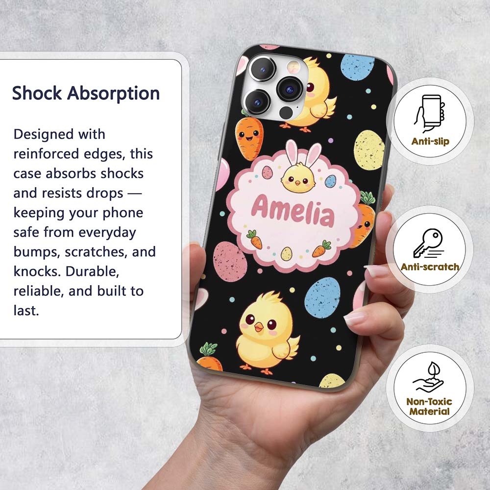 Cute Easter Bunny Chick Carrot Egg Printed Design Custom Name Protective Phone Case Mobile Cover Durable Everyday Smartphone Shock Resistant