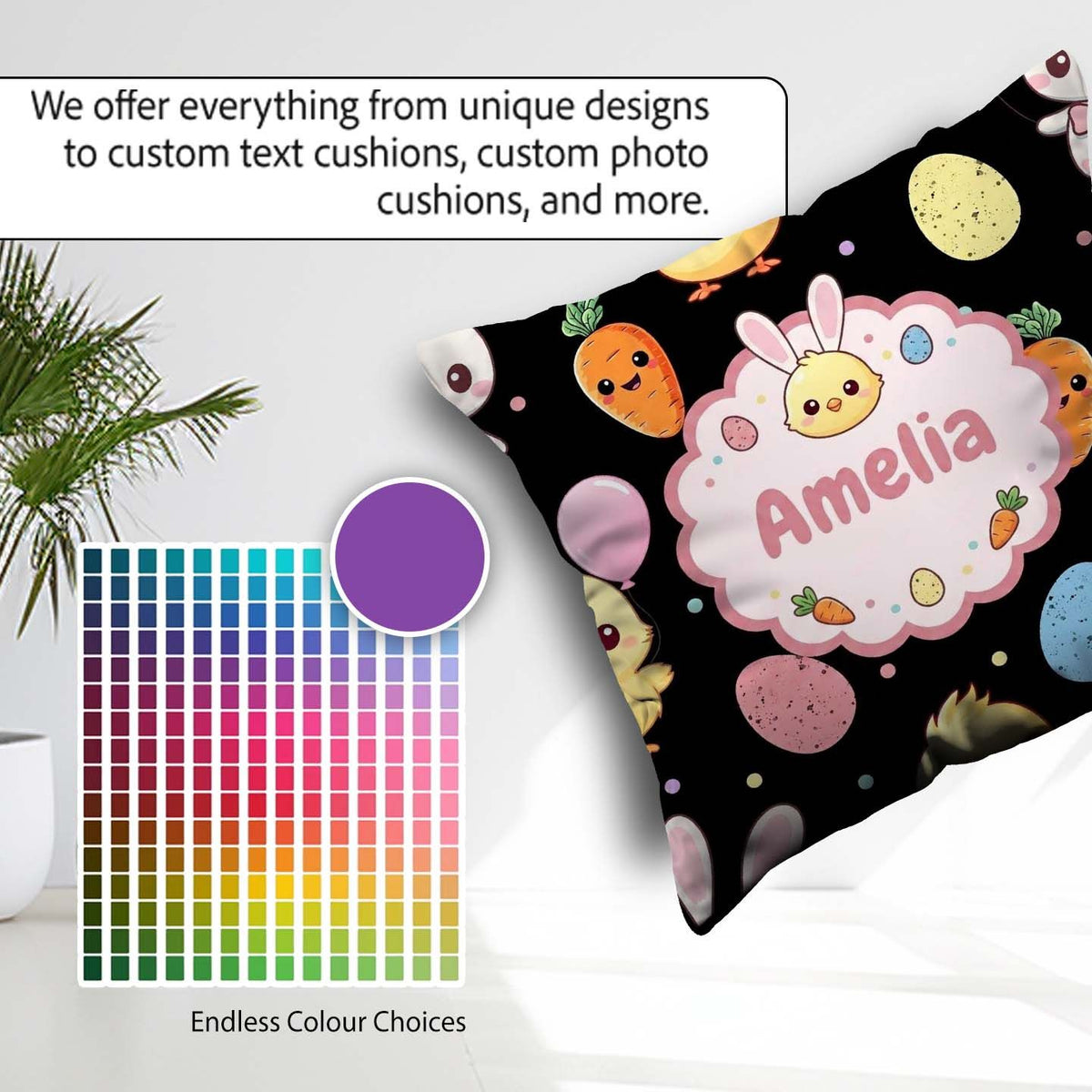 Custom Name Cute Easter Bunny Chick Carrot Egg Black Background Square Filled Cushion Throw Pillow Sofa Bed Home Decor Zip Washable UK Made